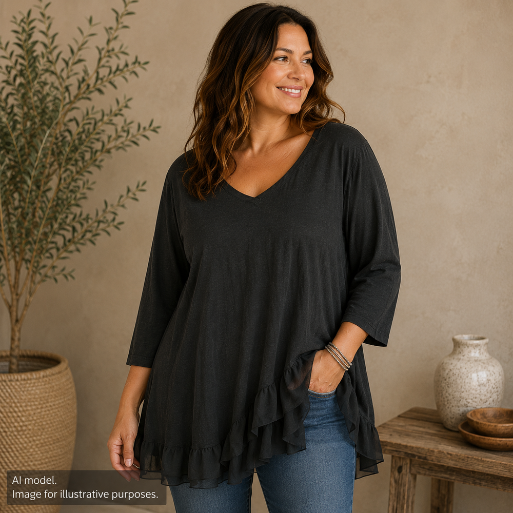 Soft Surroundings Shirt Women 1X Black Mixed Media Flowy Ruffle Hem V Neck Tunic